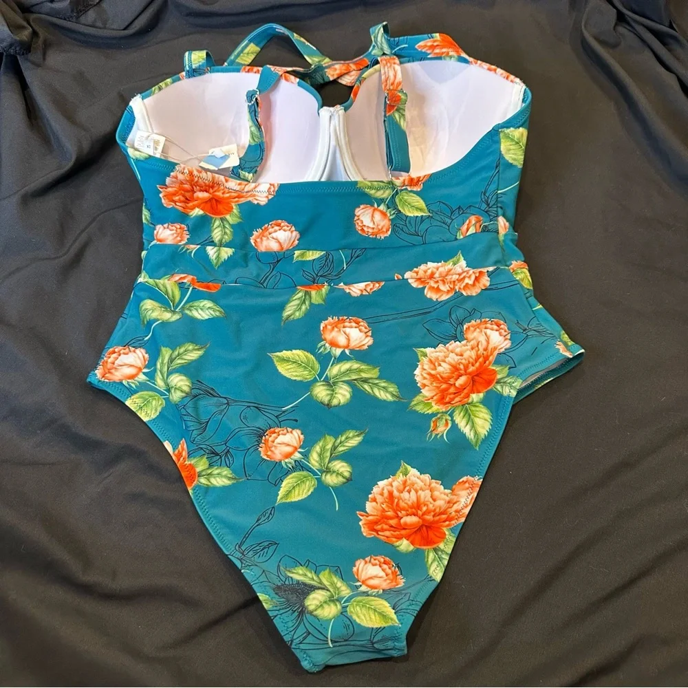 Cupshe Teal Floral Underwire One Piece Swimsuit Orange‎ Rose Print Size 0X NWT